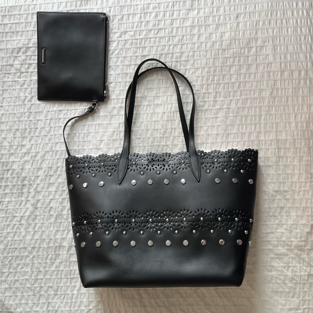 Large Rebecca Minkoff Black Leather Tote with Detachable Pouch